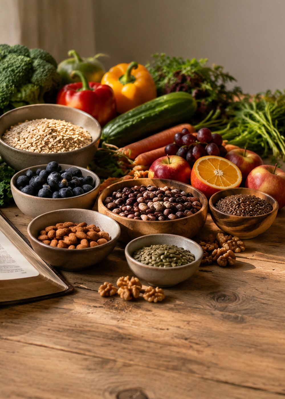 Open Bible beside whole plant foods including leafy greens, grains, beans, fruit, and seeds on a wooden table.