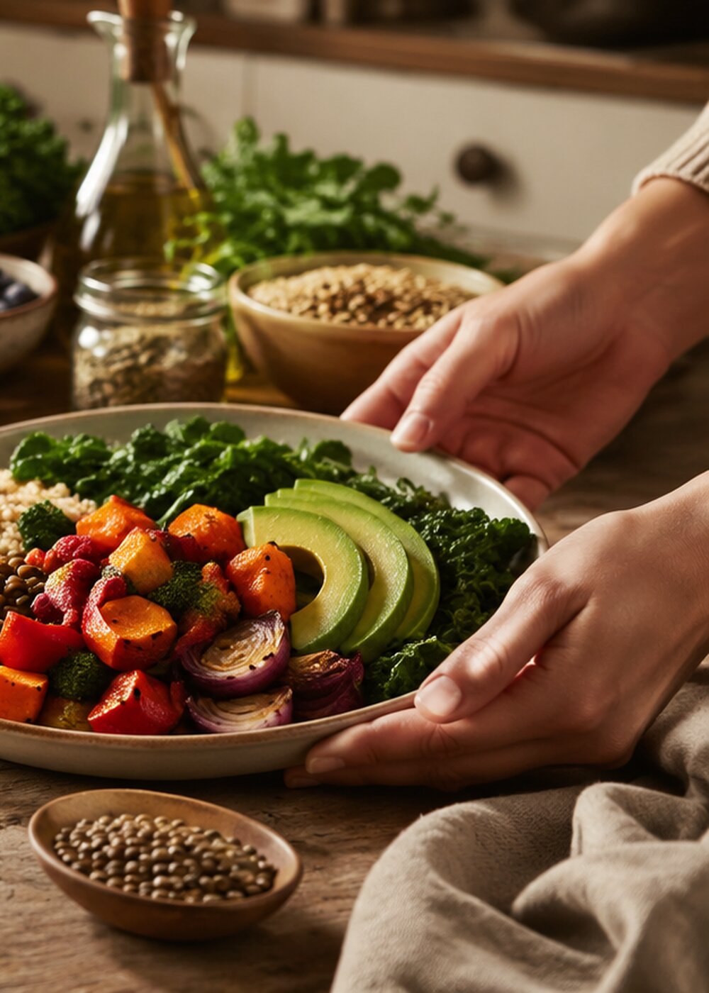 Whole-food meal with leafy greens, beans, grains, berries, avocado, seeds, and vegetables being prepared in a sunlit kitchen.