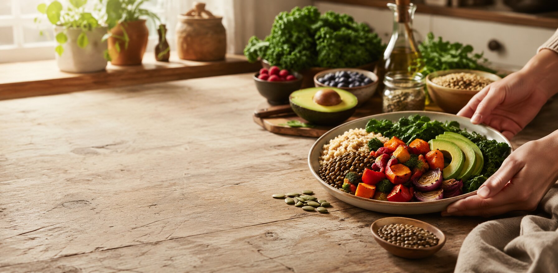 Whole-food meal with leafy greens, beans, grains, berries, avocado, seeds, and vegetables being prepared in a sunlit kitchen.
