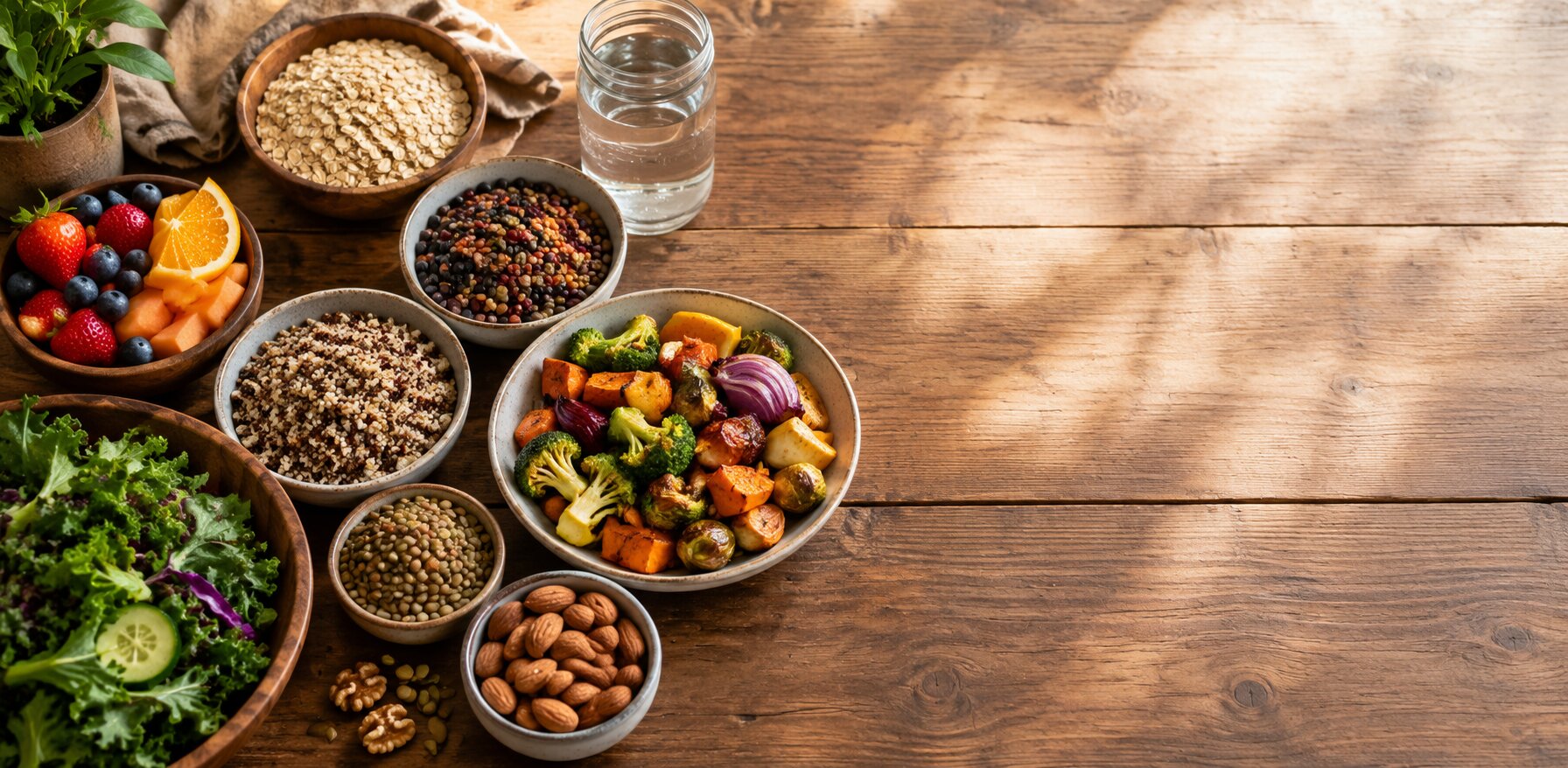 Daniel Fast foods including fruit, leafy greens, beans, lentils, whole grains, nuts, seeds, vegetables, and water on a wooden table.