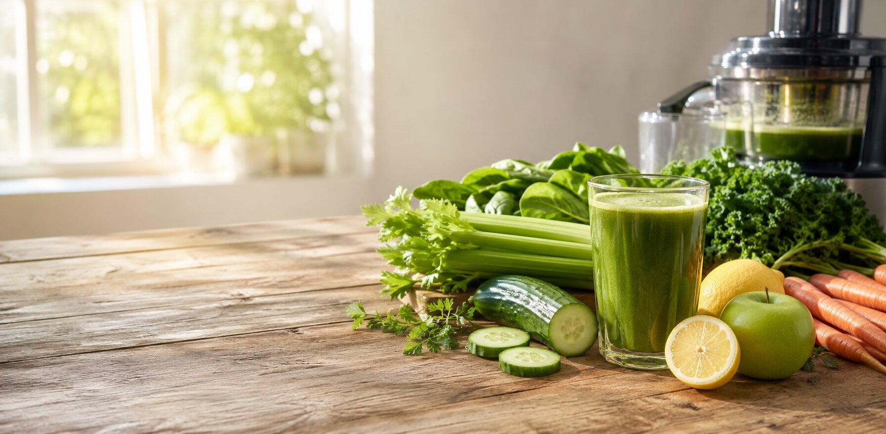 Fresh green vegetable juice with celery, cucumber, leafy greens, carrots, lemon, and apple on a kitchen counter.