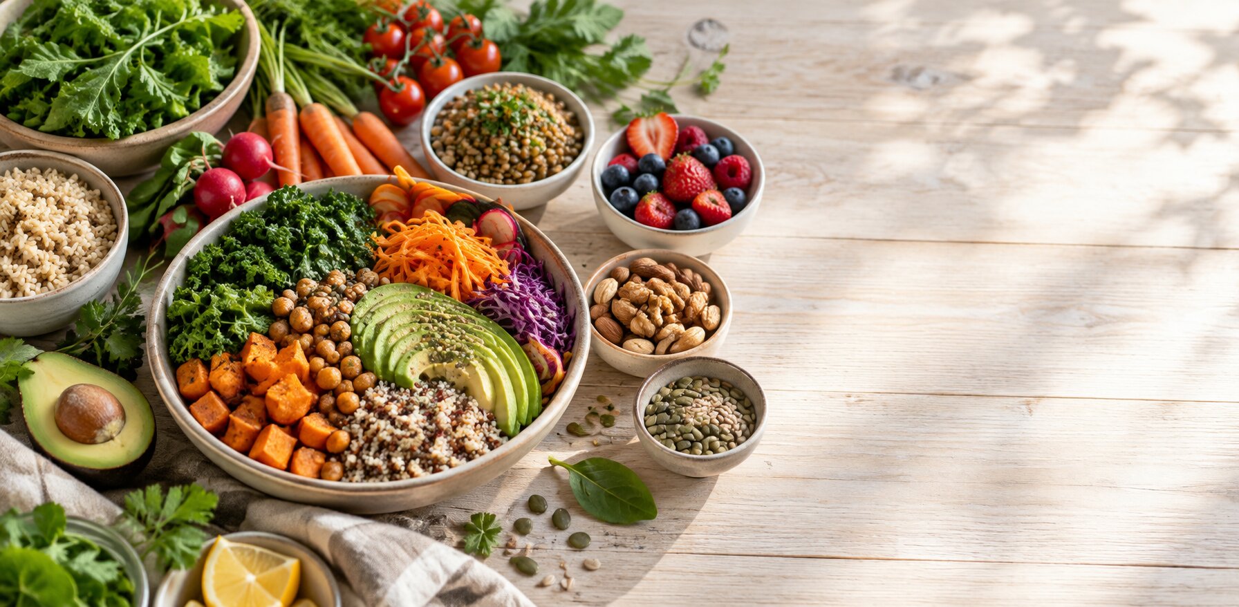 Whole-food meal with leafy greens, vegetables, lentils, whole grains, fruit, nuts and seeds for satisfying plant-based eating.