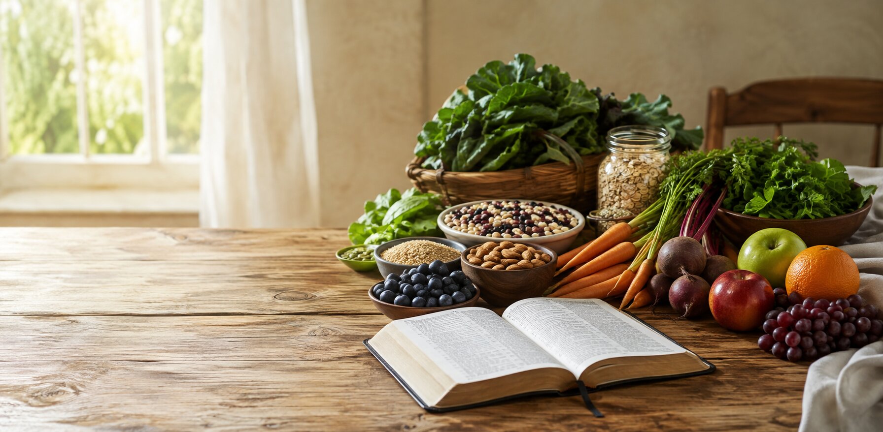 Open Bible beside leafy greens, fruit, whole grains, beans, seeds, nuts, and vegetables on a wooden table.