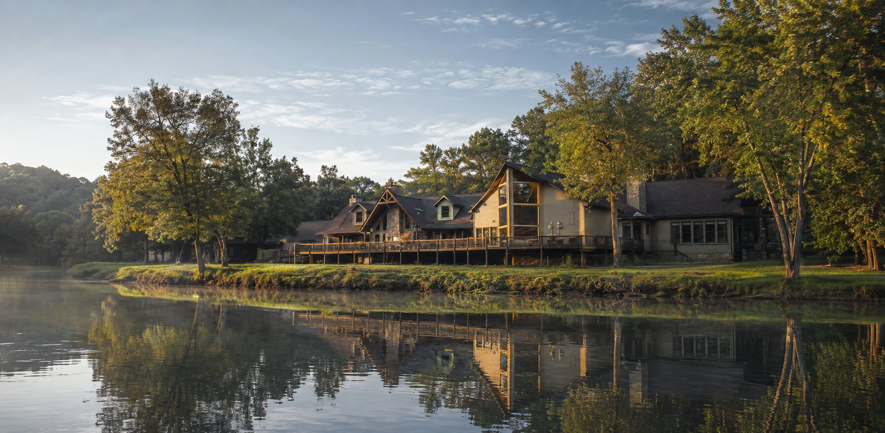 Hallelujah Diet Health Retreat lodge beside the Etowah River surrounded by trees with the building reflected in the water.