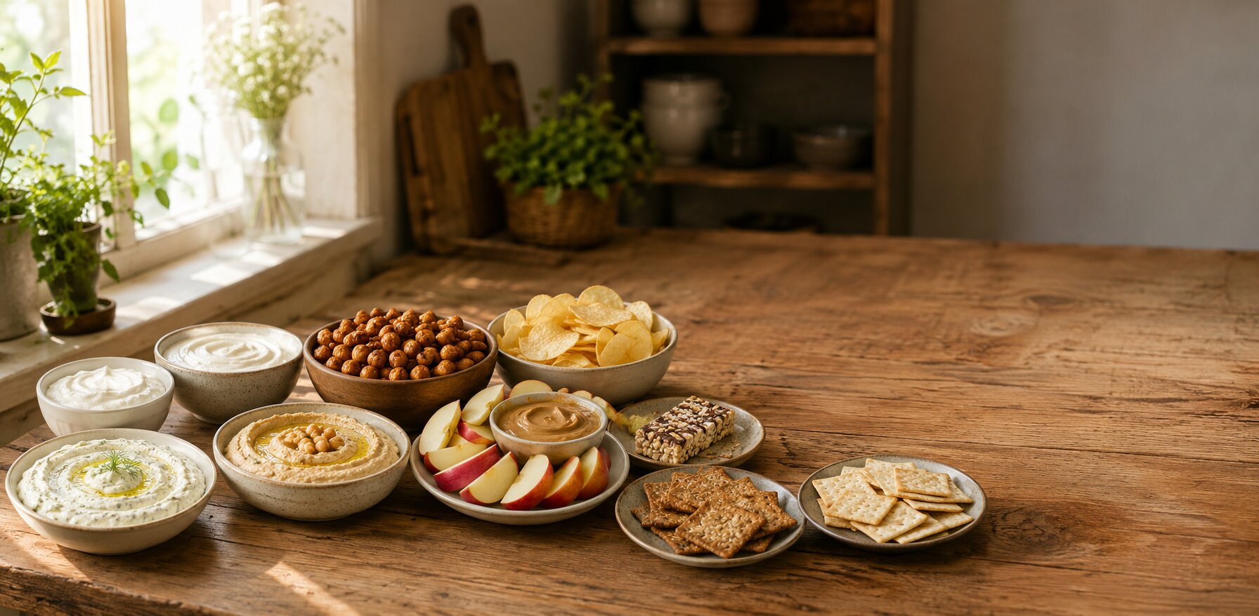 Simple plant-based food swaps including cashew cream, hummus, roasted chickpeas, fruit, nuts, and whole-grain crackers on a kitchen counter.
