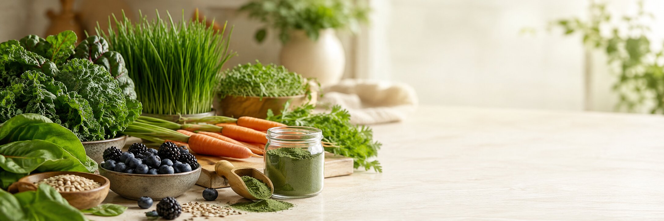 Fresh whole foods and green superfood powder illustrating how to choose a whole-food supplement