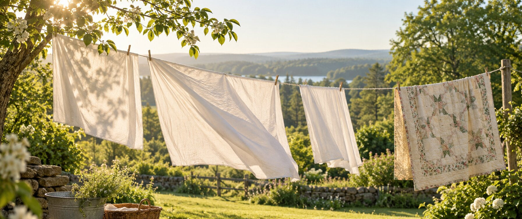White bedsheets and a quilt drying on a clothesline in warm morning sunlight over a green yard.