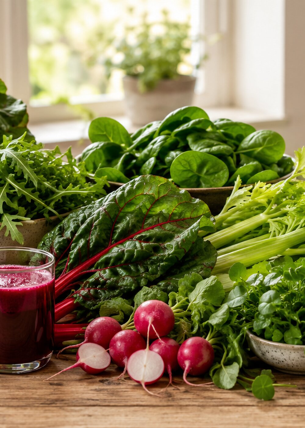 Beets, leafy greens, celery, radishes and beet juice arranged on a kitchen counter as natural sources of dietary nitrates.