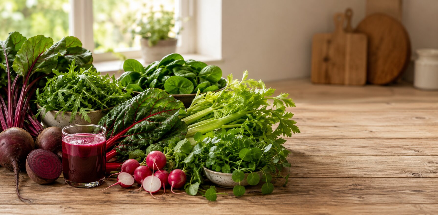 Beets, leafy greens, celery, radishes and beet juice arranged on a kitchen counter as natural sources of dietary nitrates.