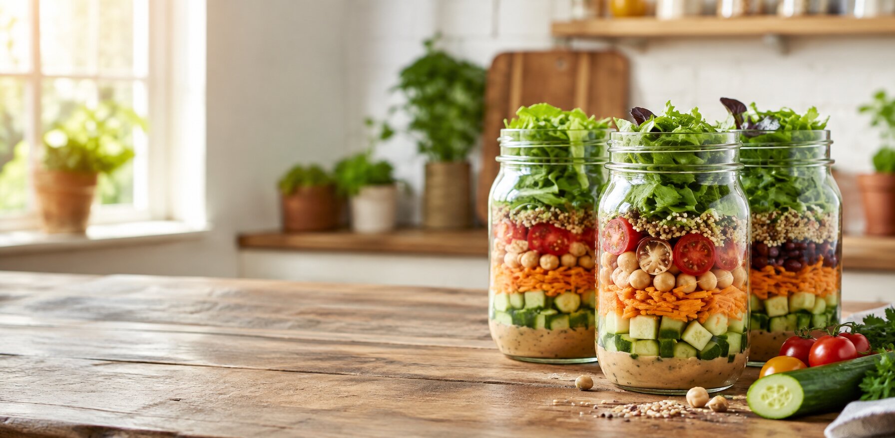 Layered mason jar salads with dressing, vegetables, chickpeas, grains, seeds, and leafy greens on a wooden kitchen counter.
