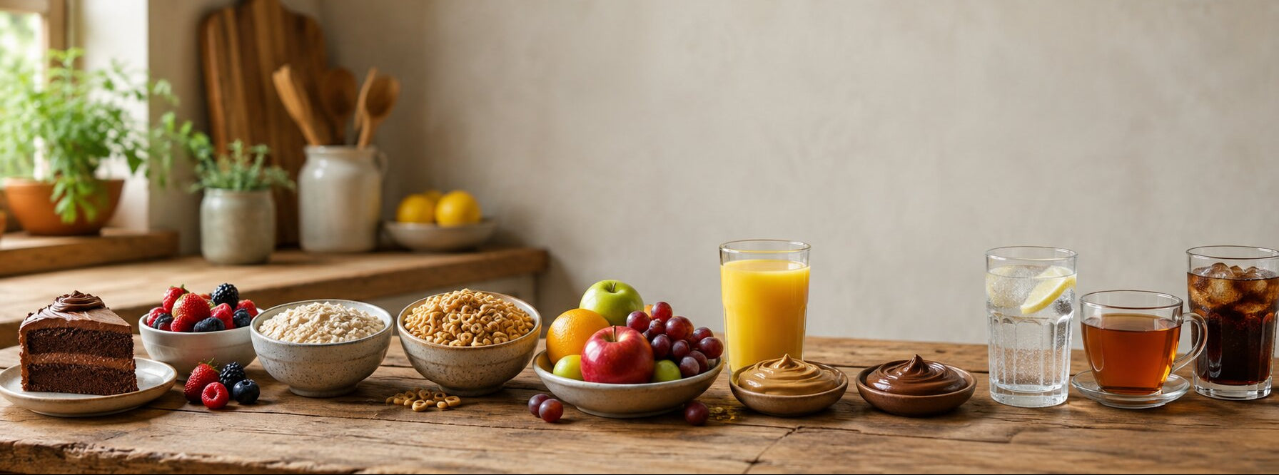 Lower-sugar food swaps including berries, oats, whole fruit, nut butter, sparkling water, and other everyday alternatives on a kitchen counter.