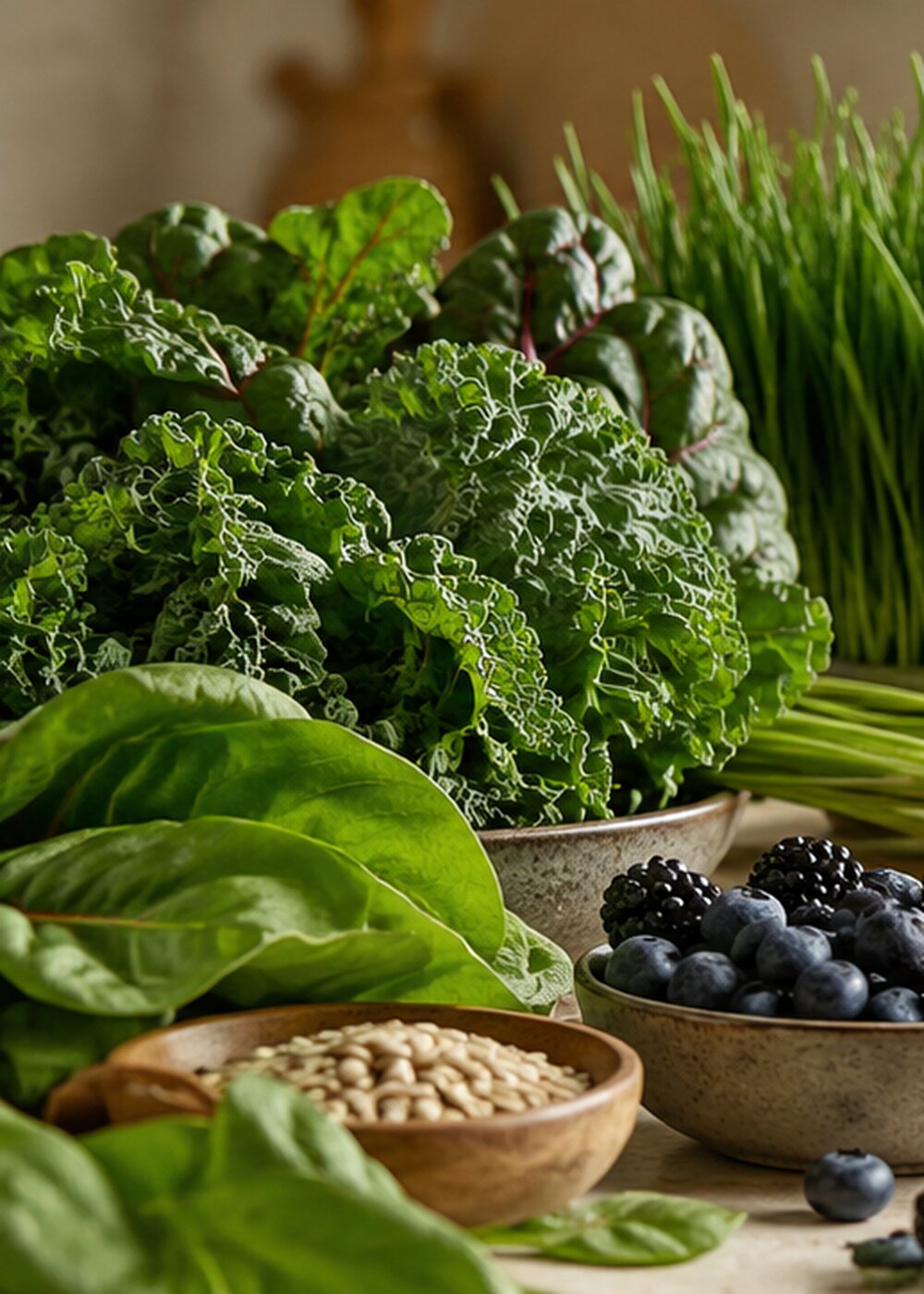 Fresh whole foods and green superfood powder illustrating how to choose a whole-food supplement