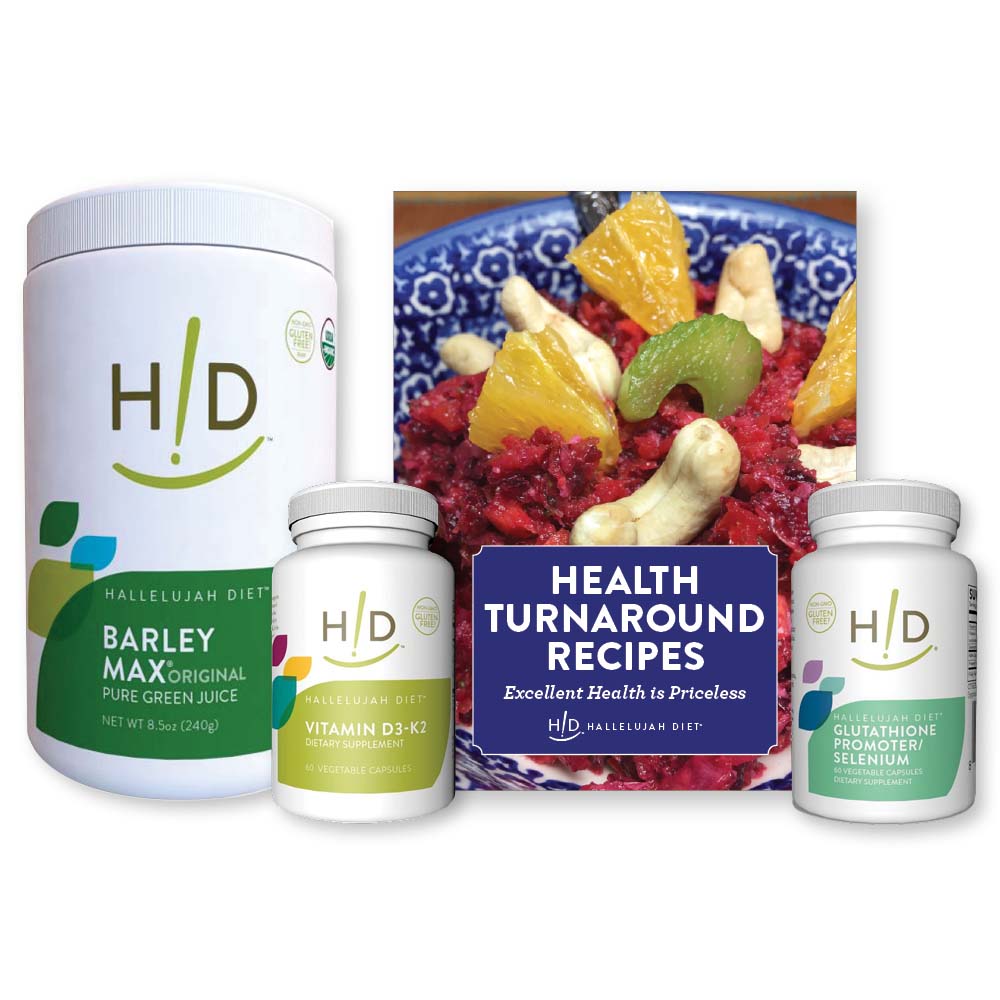 Hallelujah Diet Health Turnaround Kit with BarleyMax, Vitamin D3-K2, Glutathione Promoter/Selenium and recipe cook book