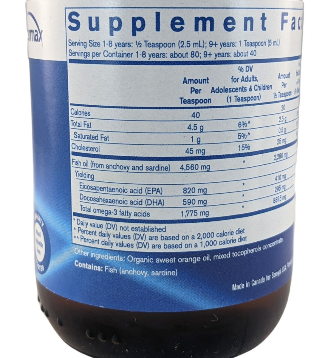 Pharmax Finest Pure Fish Oil supplement facts